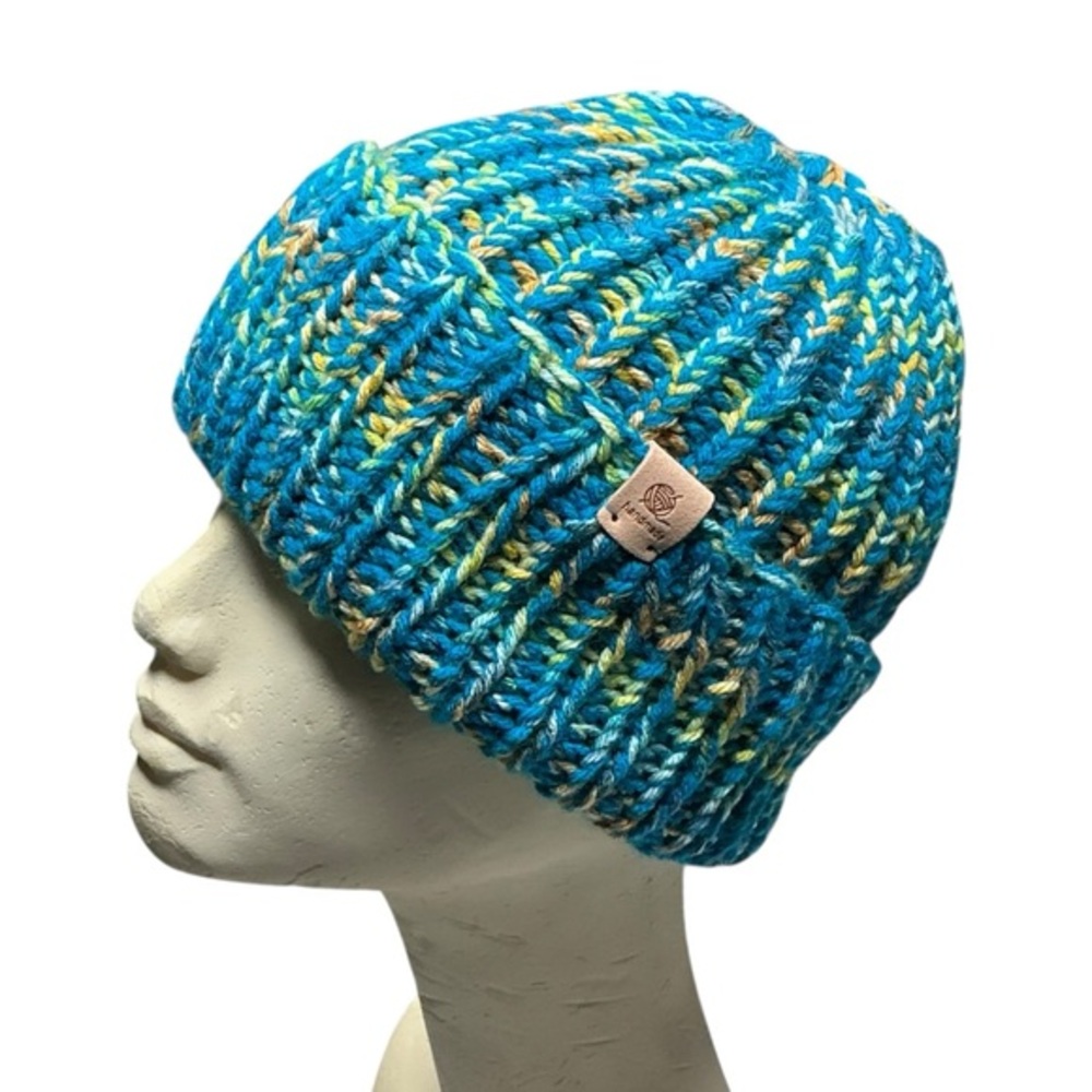 Handmade Chunky Knit Beanie Multicolor Blue Winter Fall Handcrafted Hat
